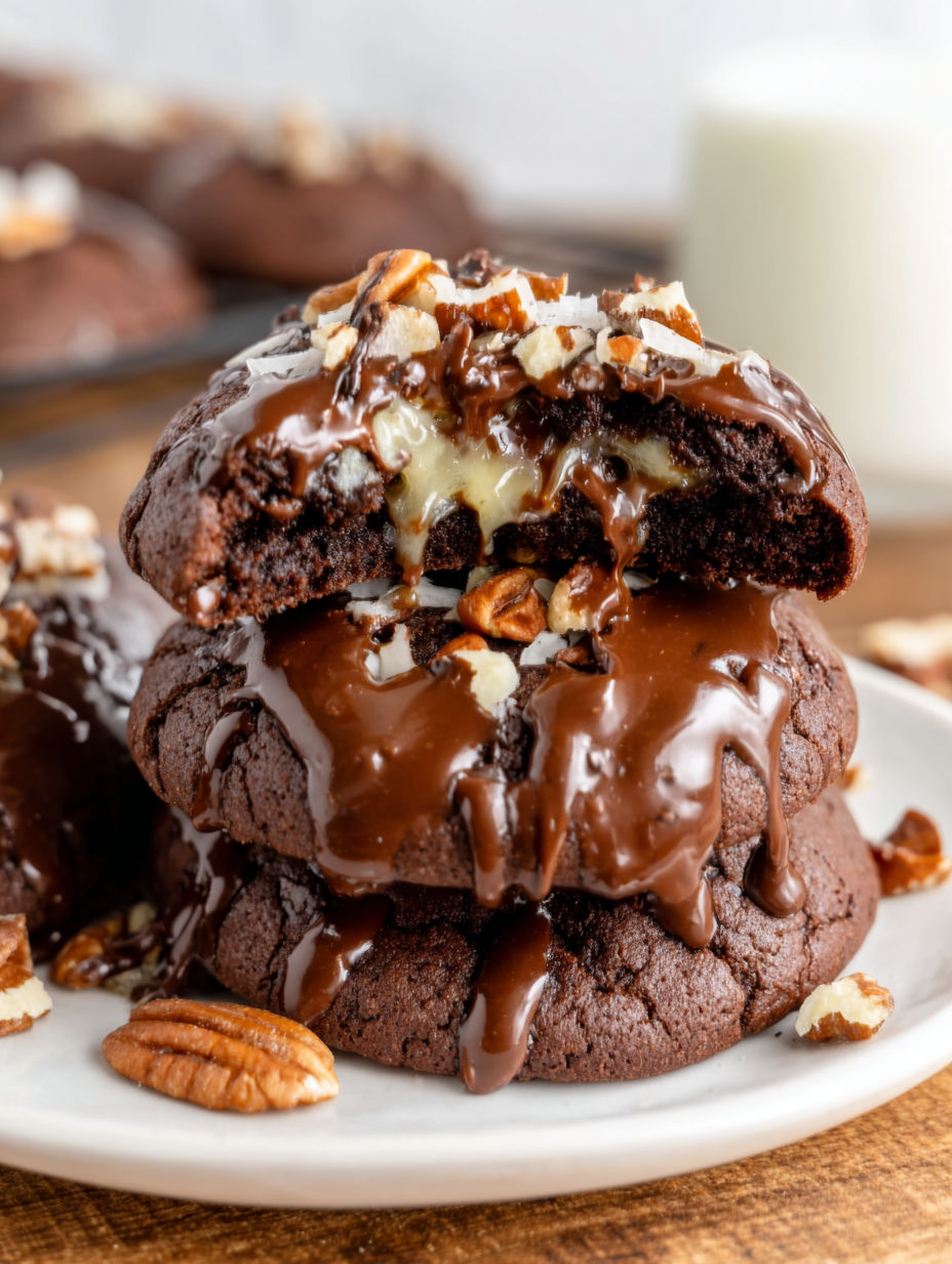 A chocolate chip cookie with a white frosting and nuts on top.