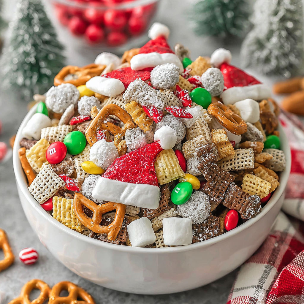 A bowl of Christmas snack mix.