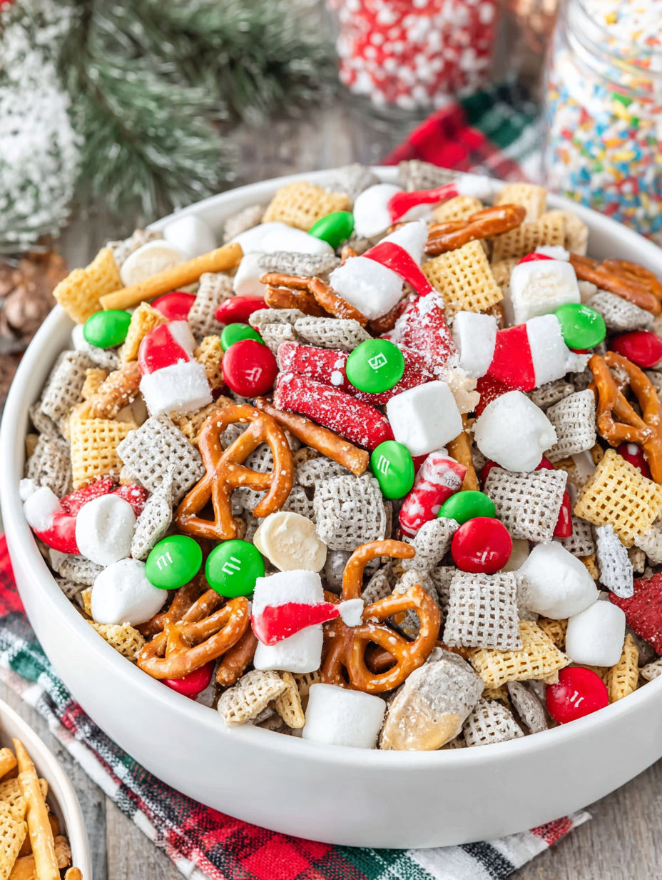 A bowl of Christmas snack mix.