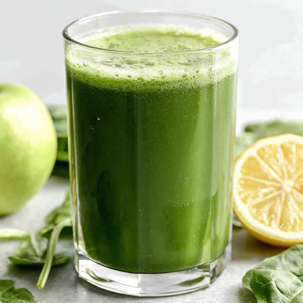 A glass of green juice with a lemon wedge.