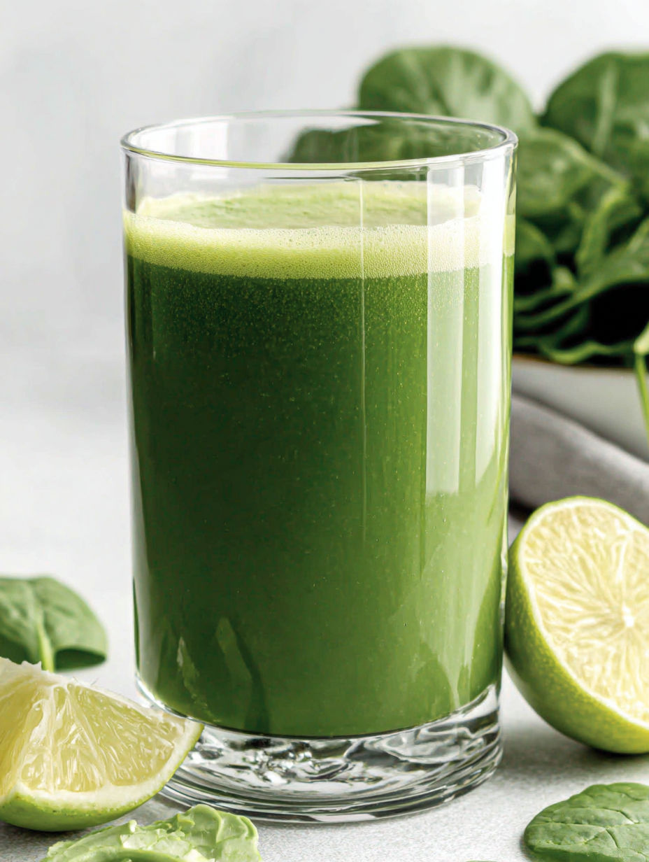 A glass of green juice with a slice of lemon.