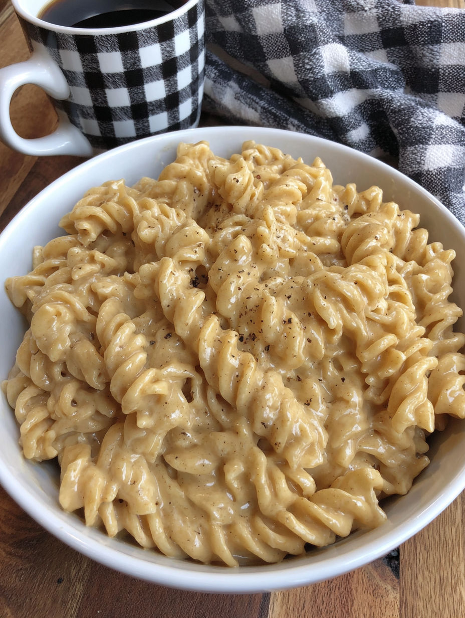A bowl of pasta with a spoon in it.