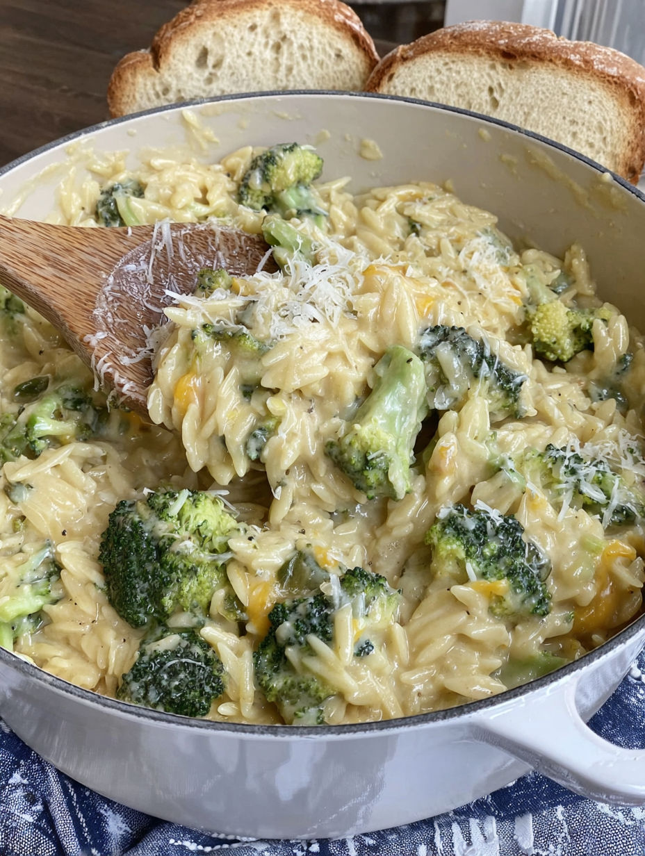 A bowl of pasta with broccoli and cheese.