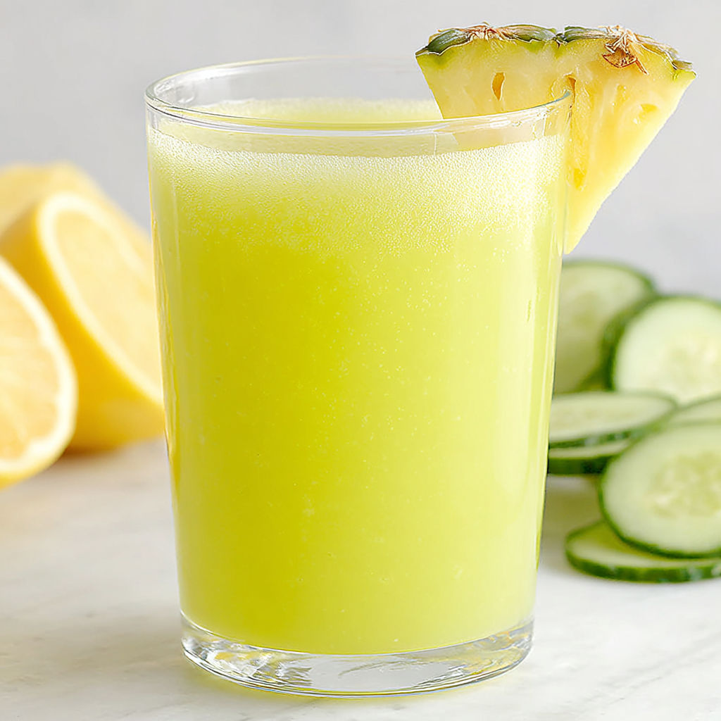 A glass of pineapple cucumber juice.