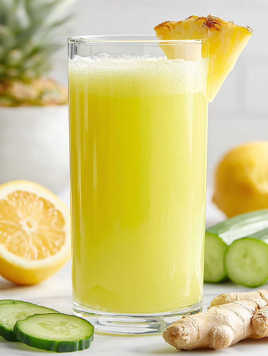 A glass of pineapple cucumber juice.