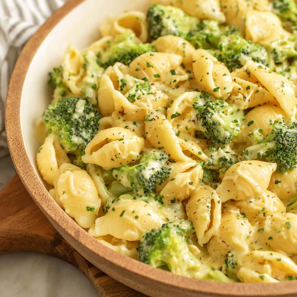 A bowl of mac and cheese with broccoli.