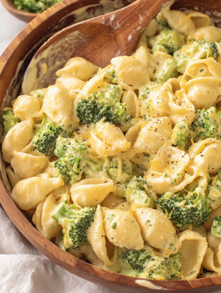 A bowl of mac and cheese with broccoli.