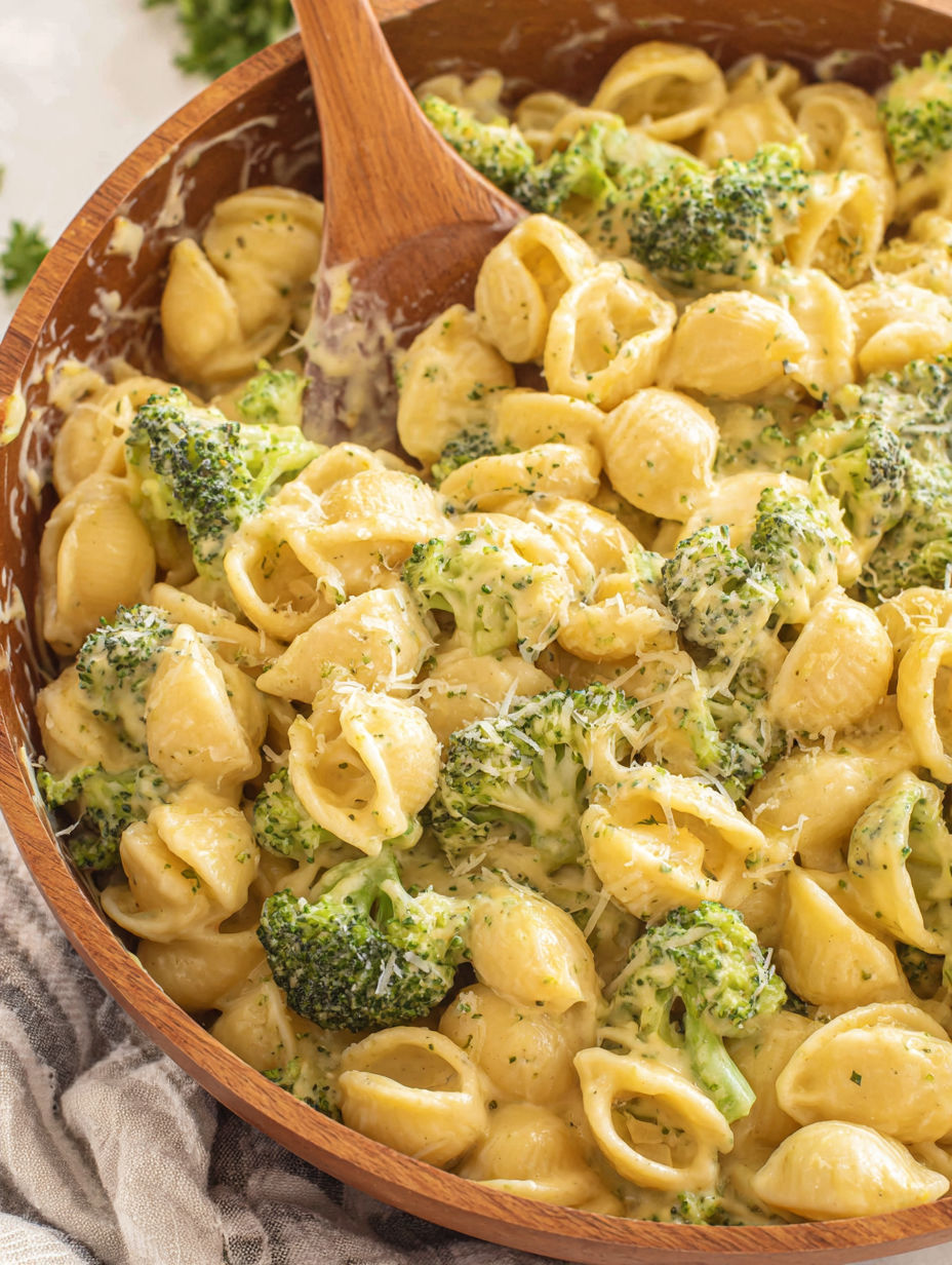 A bowl of mac and cheese with broccoli.