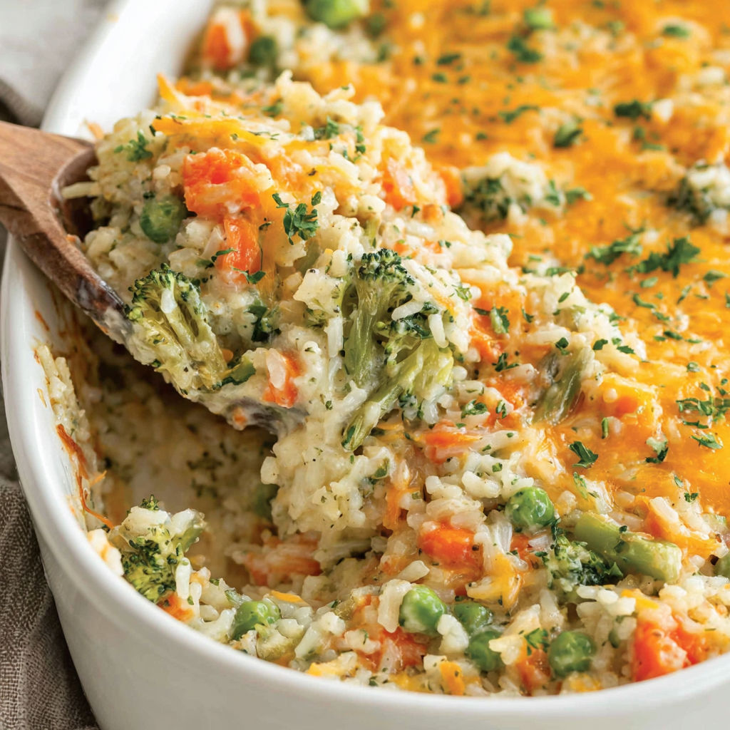 A white bowl filled with a vegetable and rice casserole.