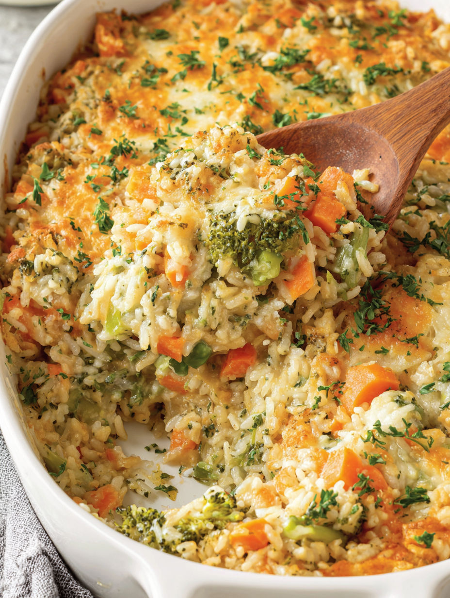 A dish with rice, broccoli, and carrots.