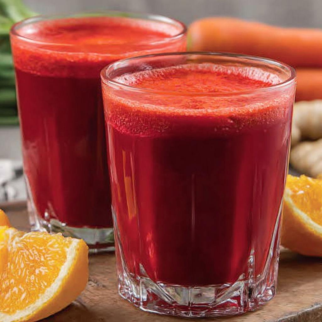Two glasses of beet and carrot juice.