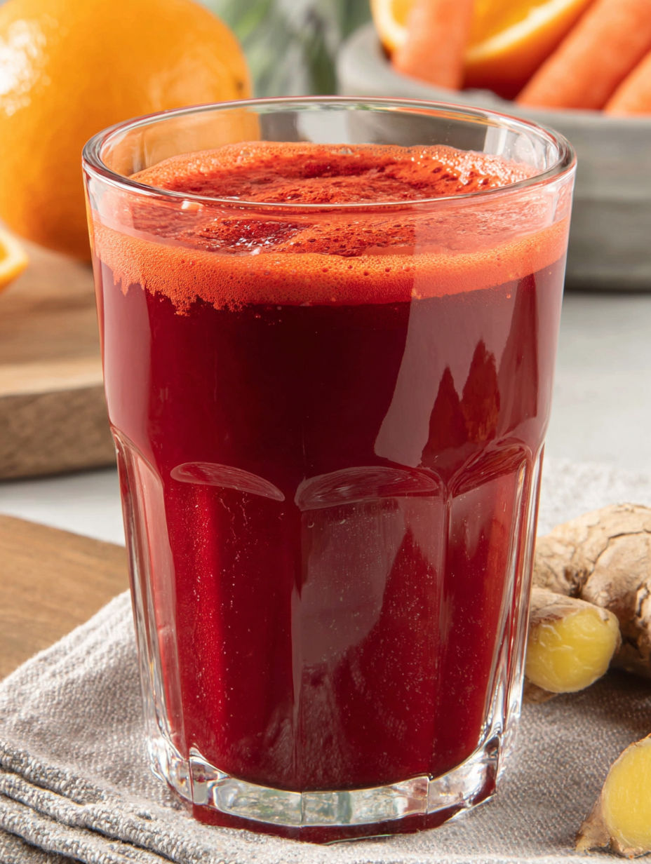 A glass of red juice with a slice of orange on the side.