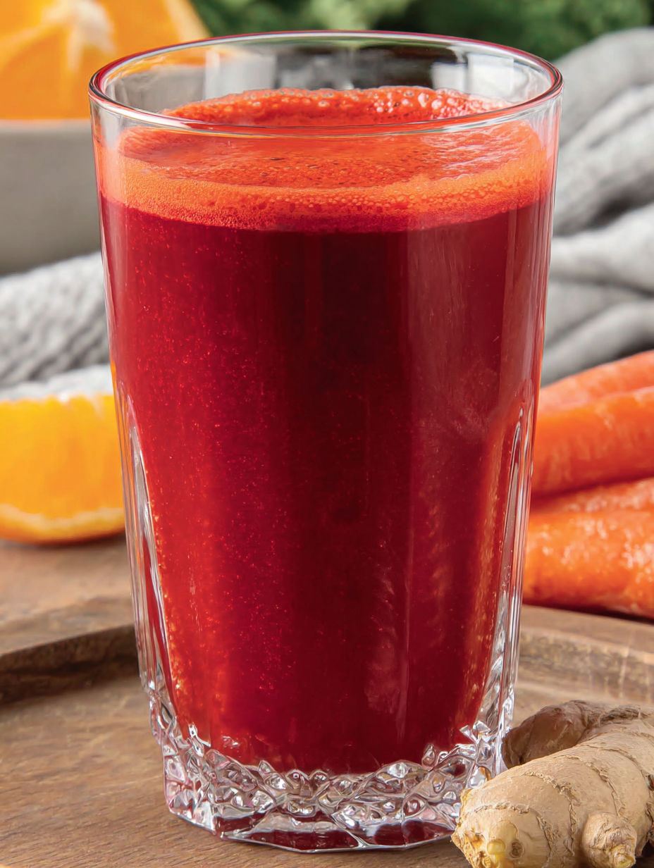 A glass of red liquid with a carrot in it.