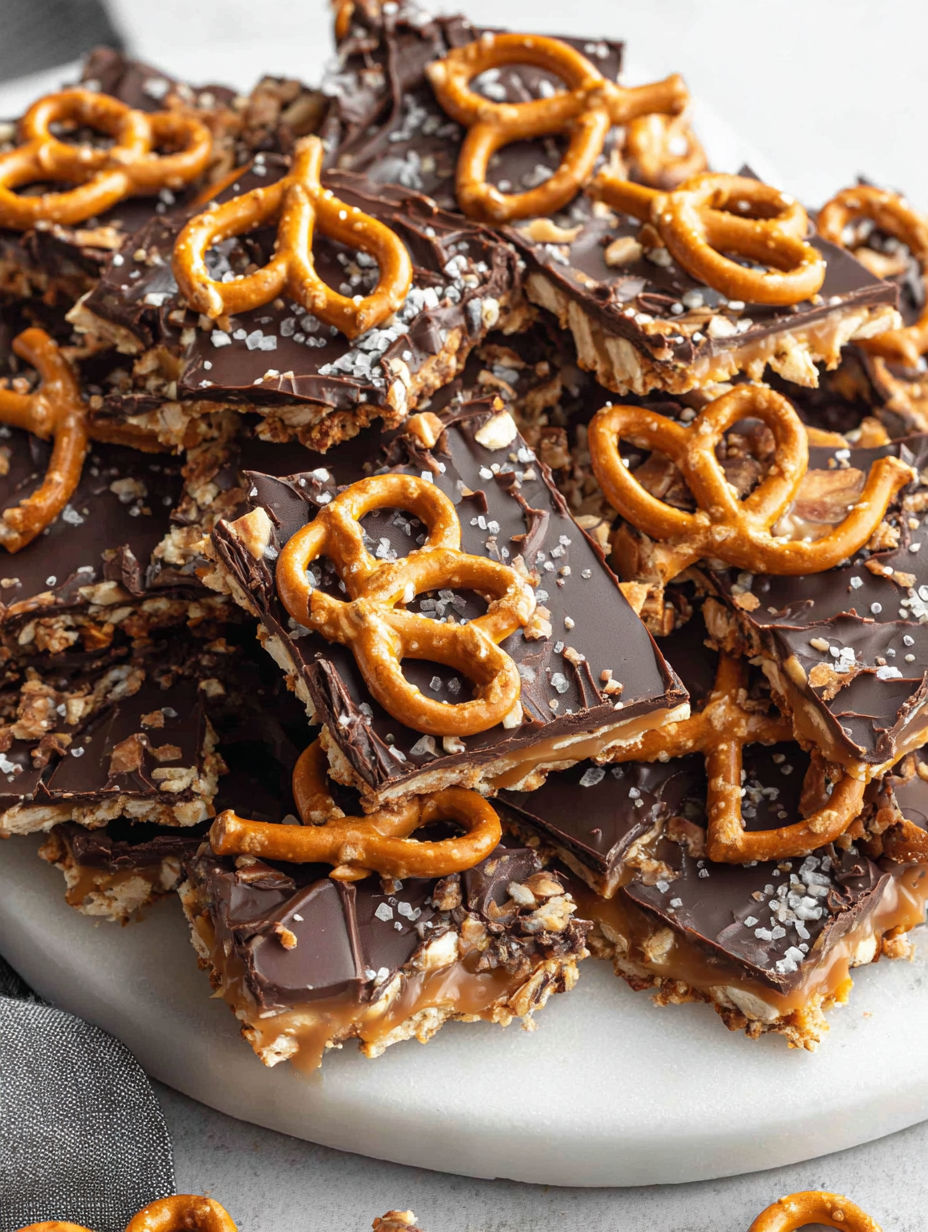 A plate of chocolate covered pretzels.