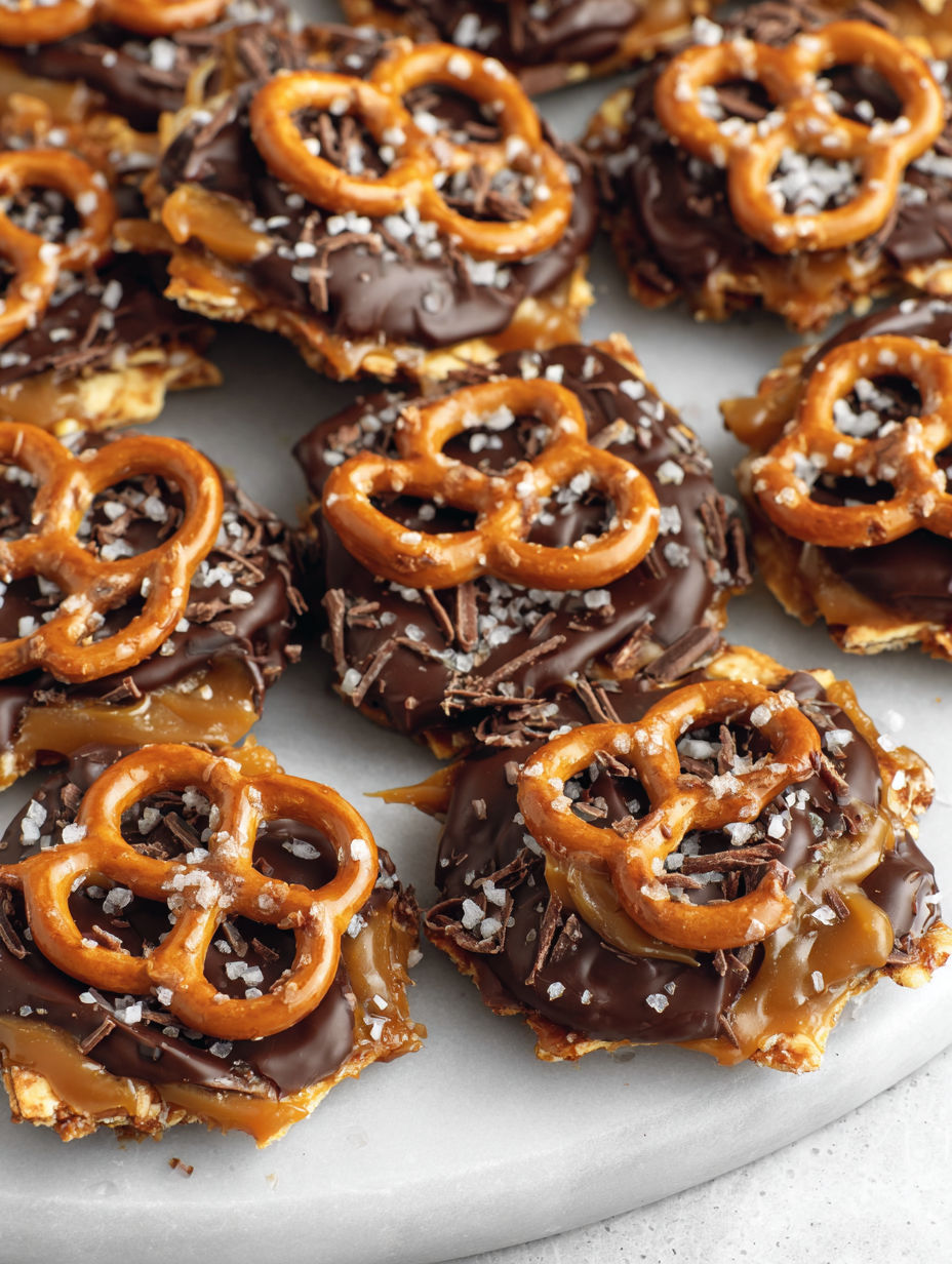A plate of chocolate covered pretzels.