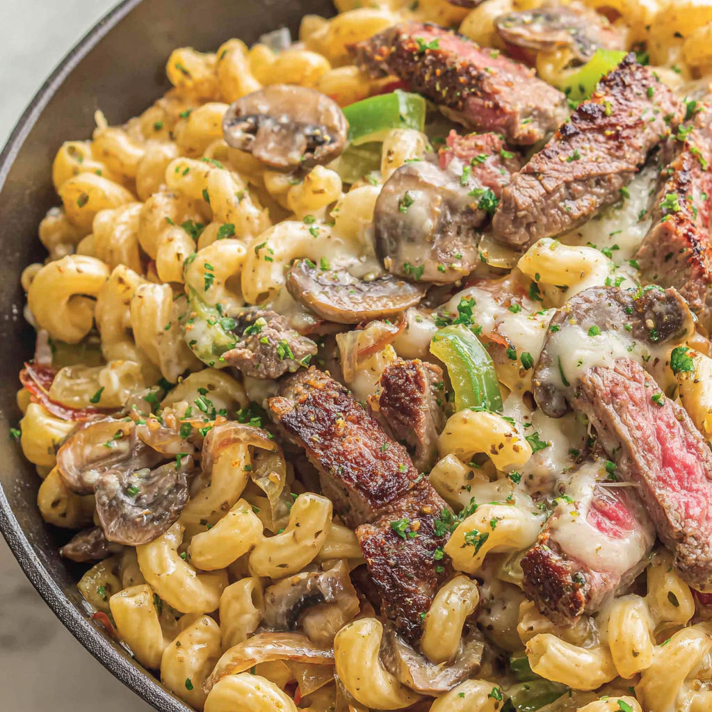 A bowl of pasta with meat and mushrooms.