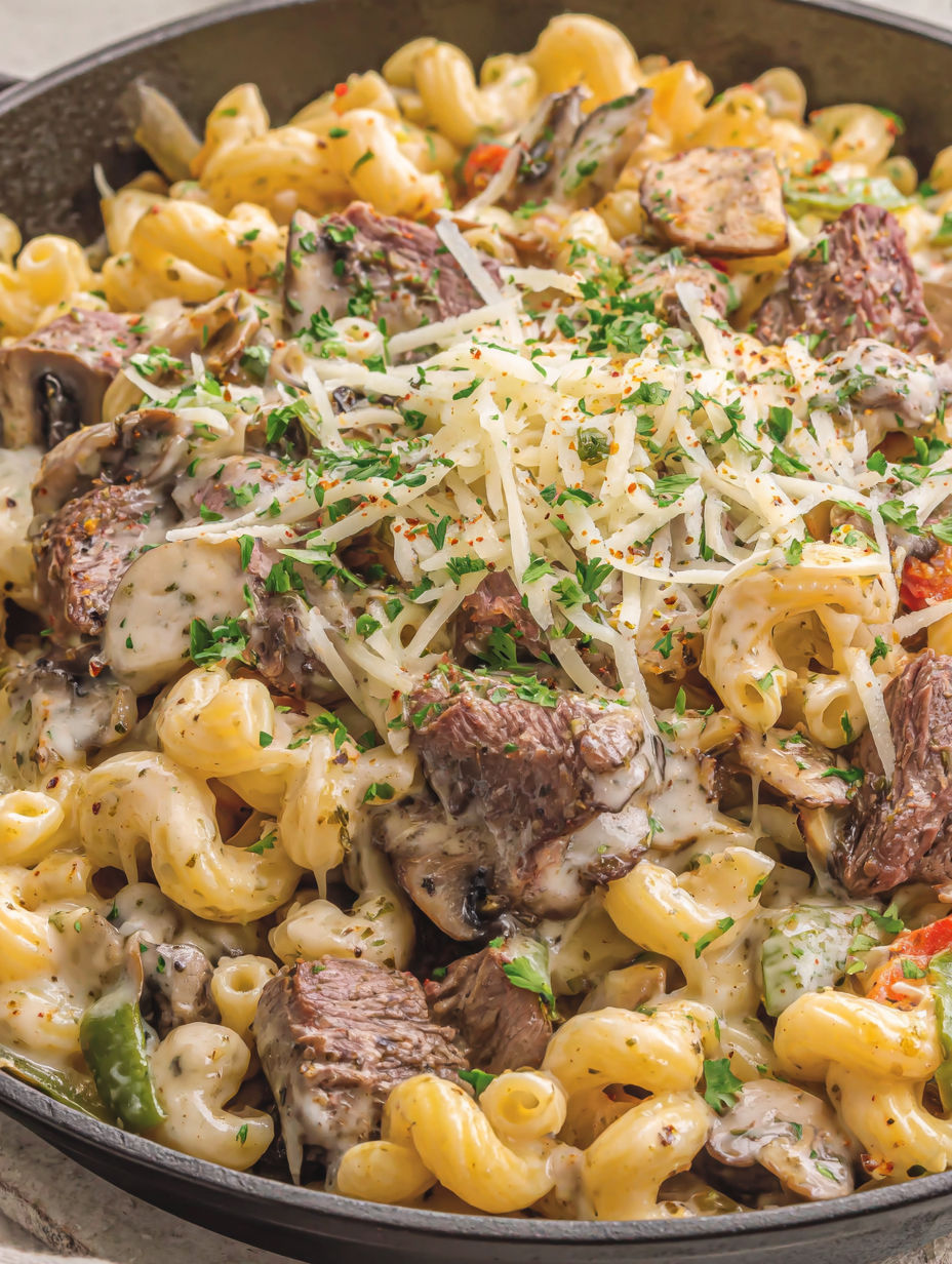 A close up of a delicious Philly Cheesesteak Pasta.