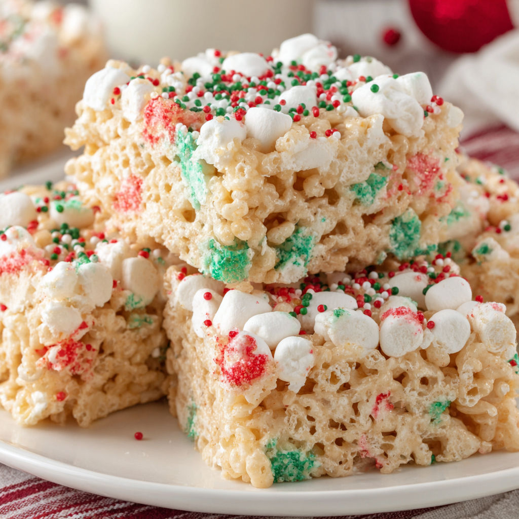 A plate of rice krispies treats with white and red sprinkles.