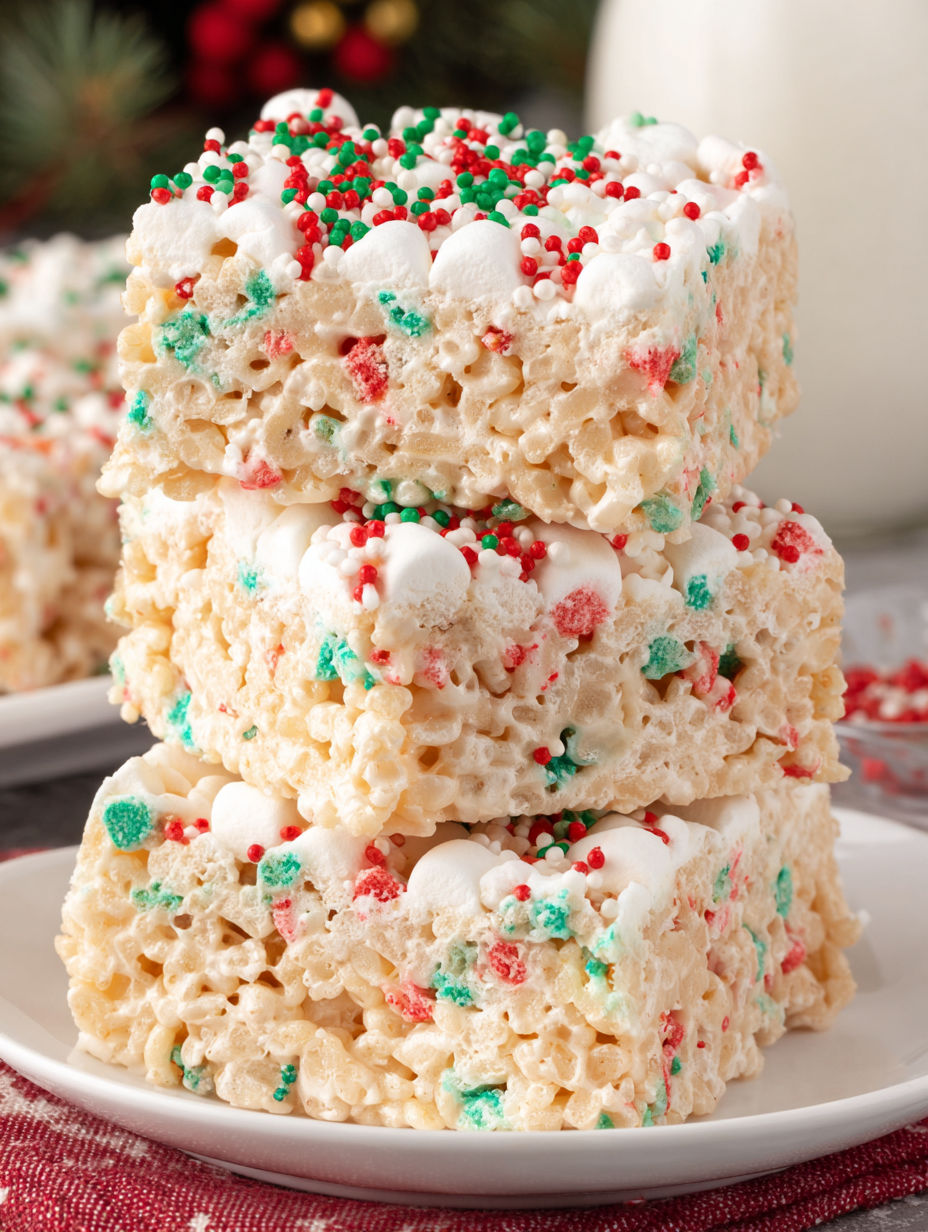A stack of four Rice Krispies Treats with Christmas decorations.