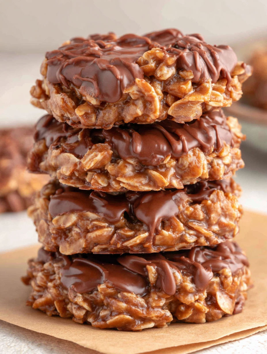 A stack of chocolate covered oatmeal cookies.