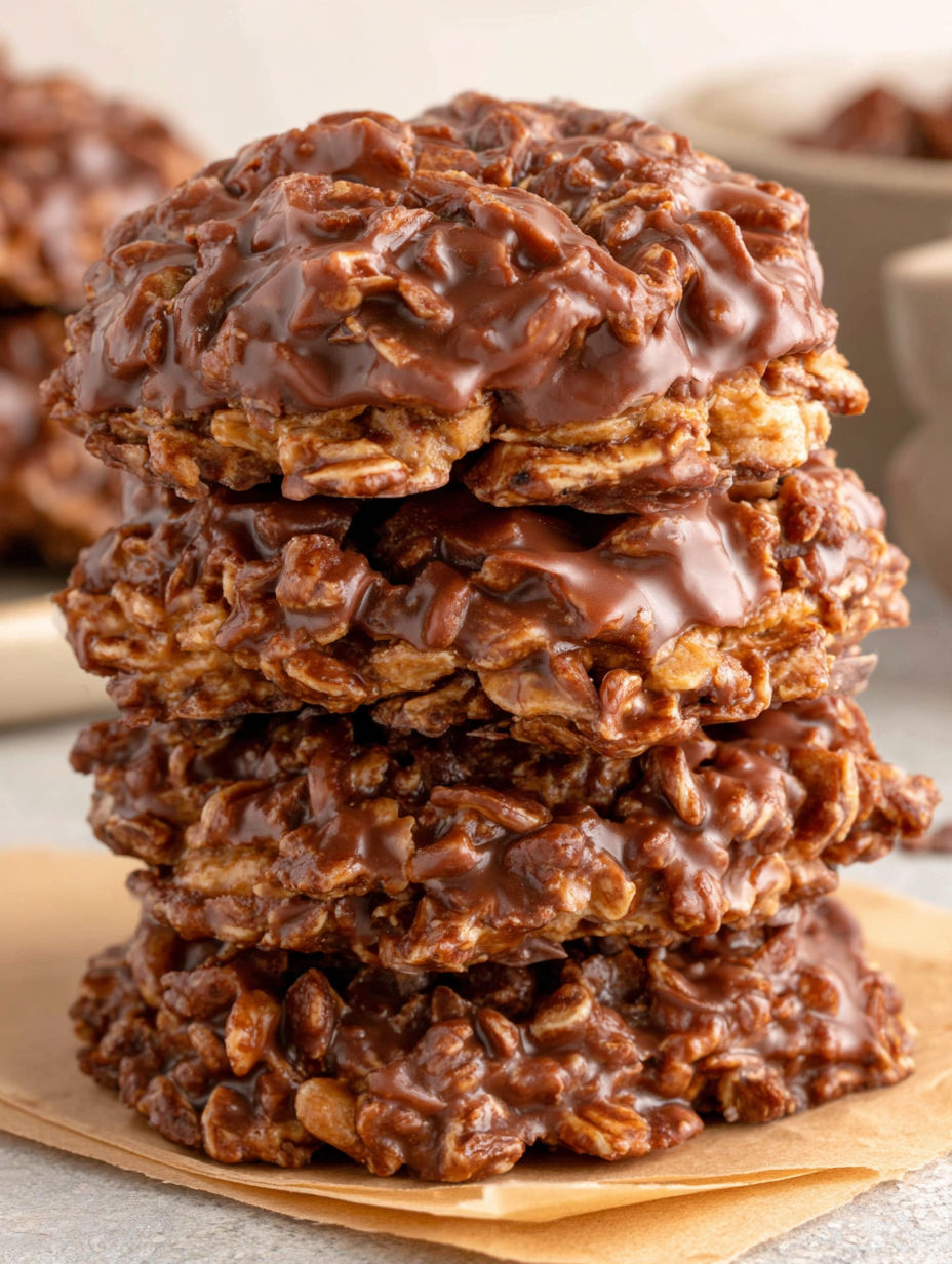 A stack of three cookies with chocolate drizzle.