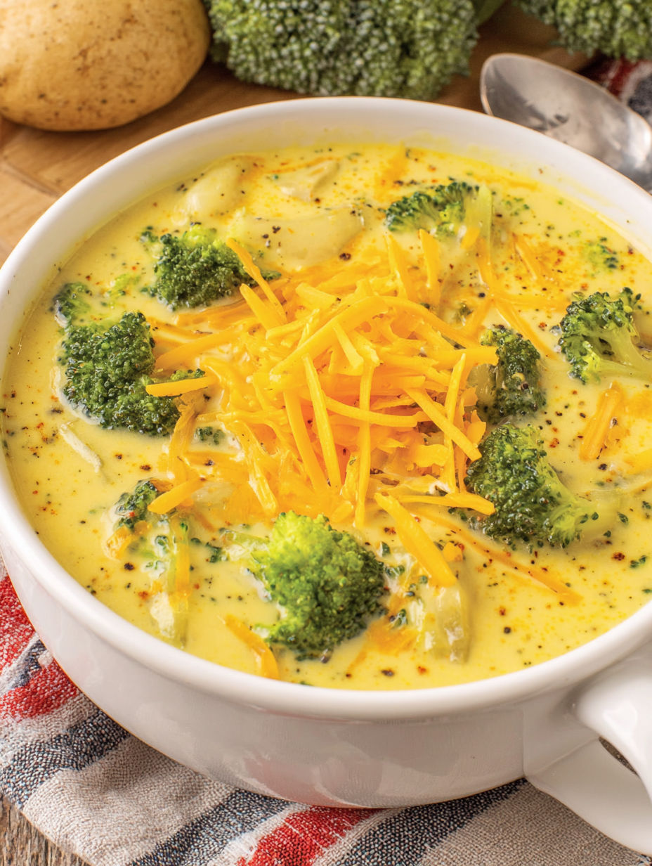A bowl of soup with broccoli and potatoes.