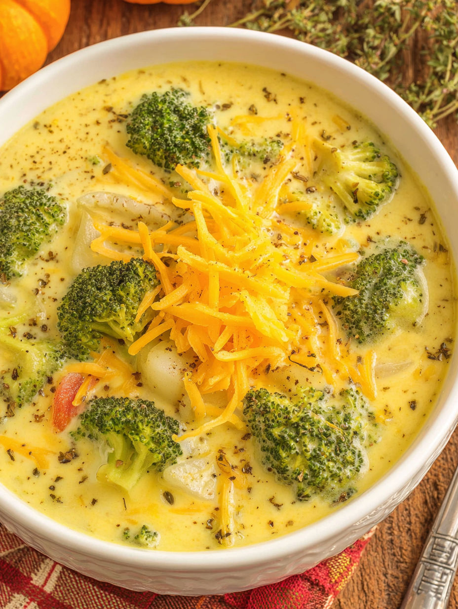 A bowl of soup with broccoli and cheese.