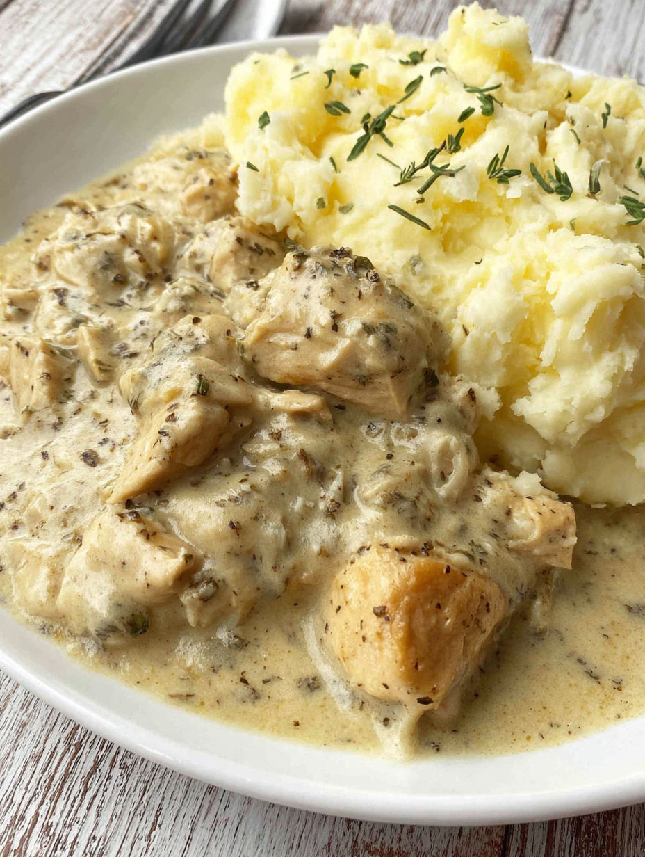 A plate of chicken and mashed potatoes.