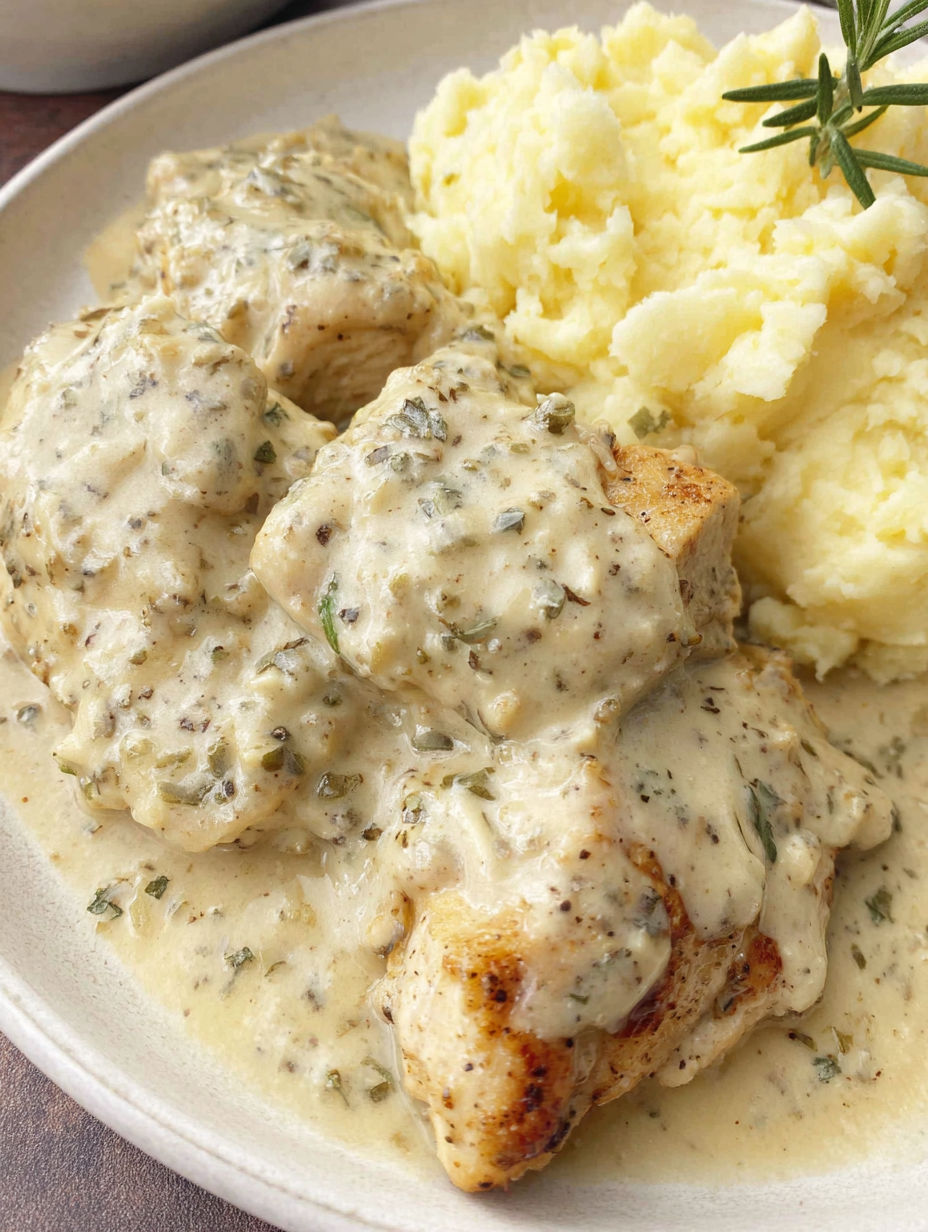 A plate of chicken with gravy and mashed potatoes.