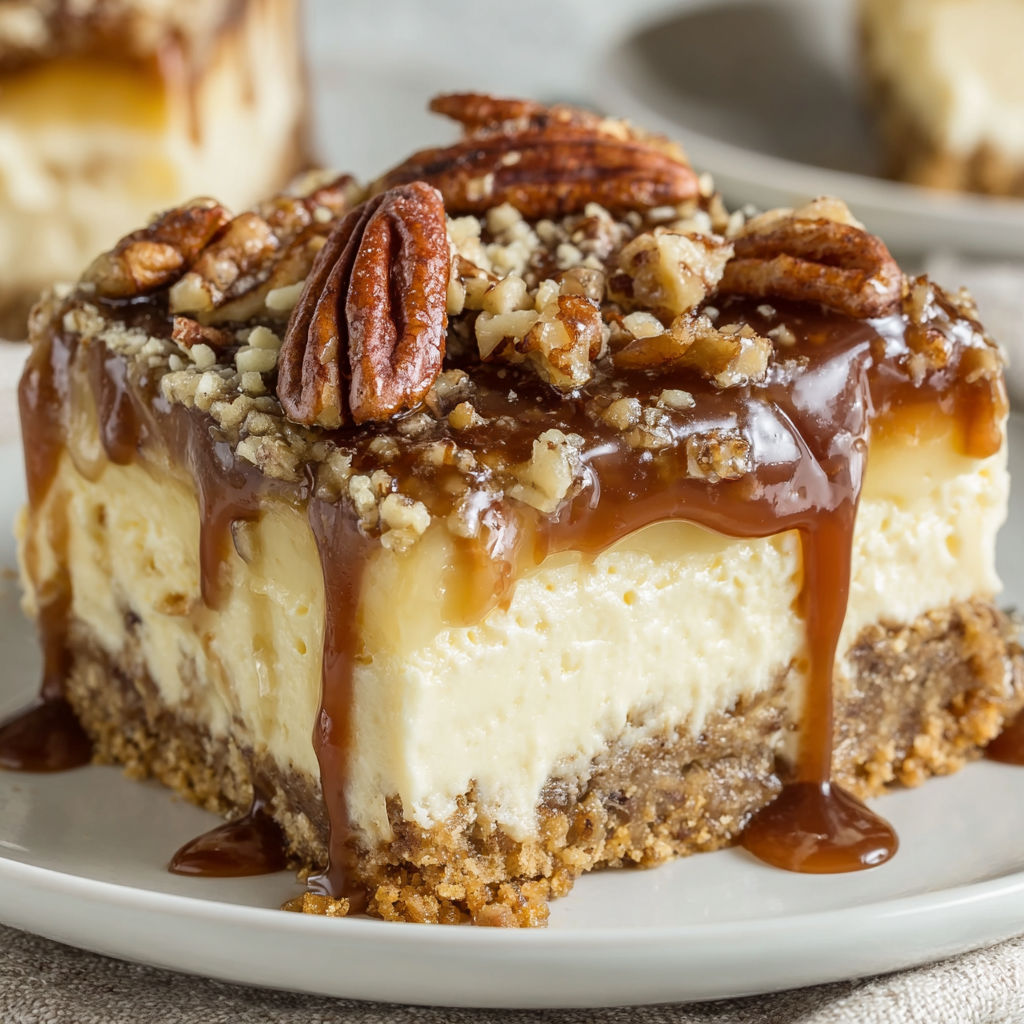 A slice of pecan pie cheesecake bars.