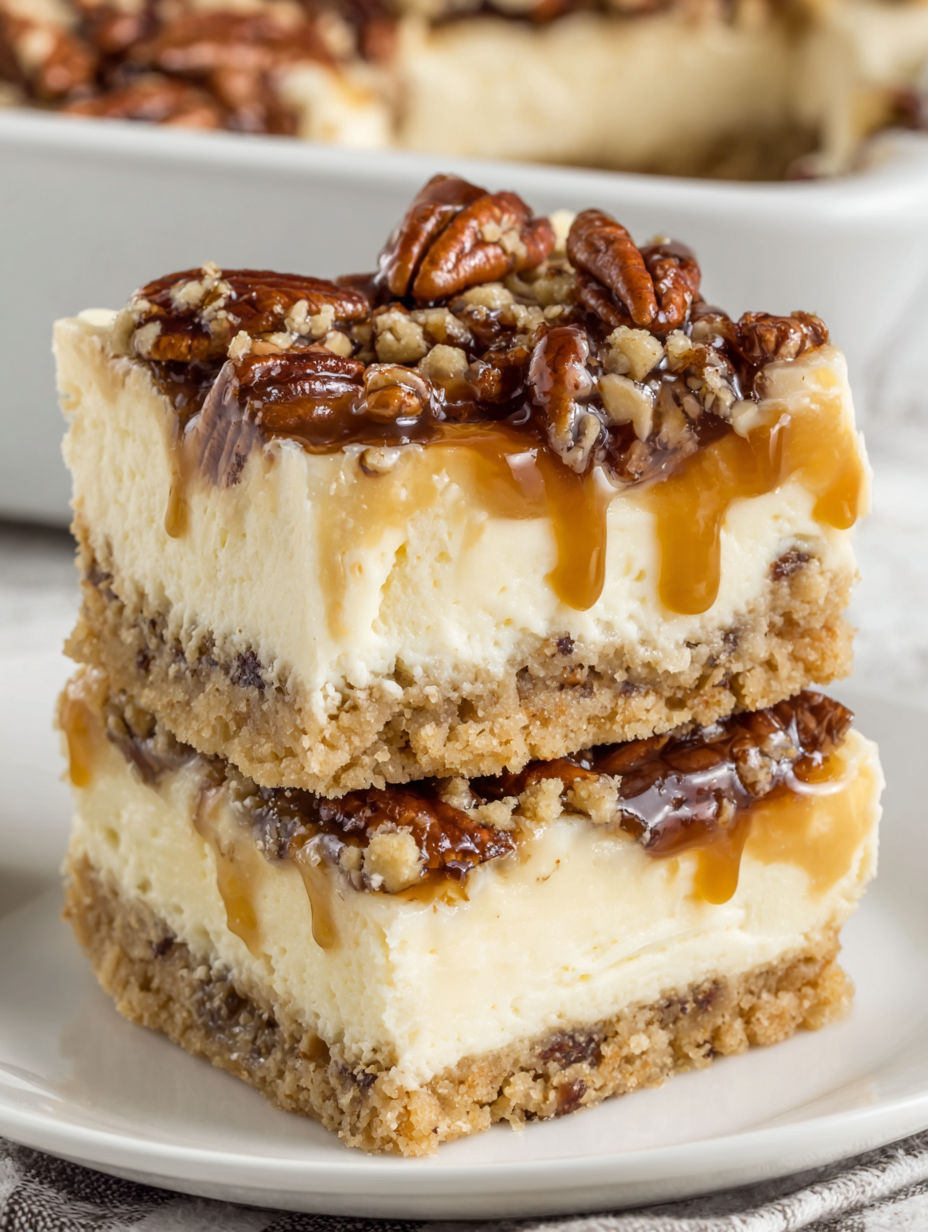 Three pieces of pecan pie cheesecake bars.