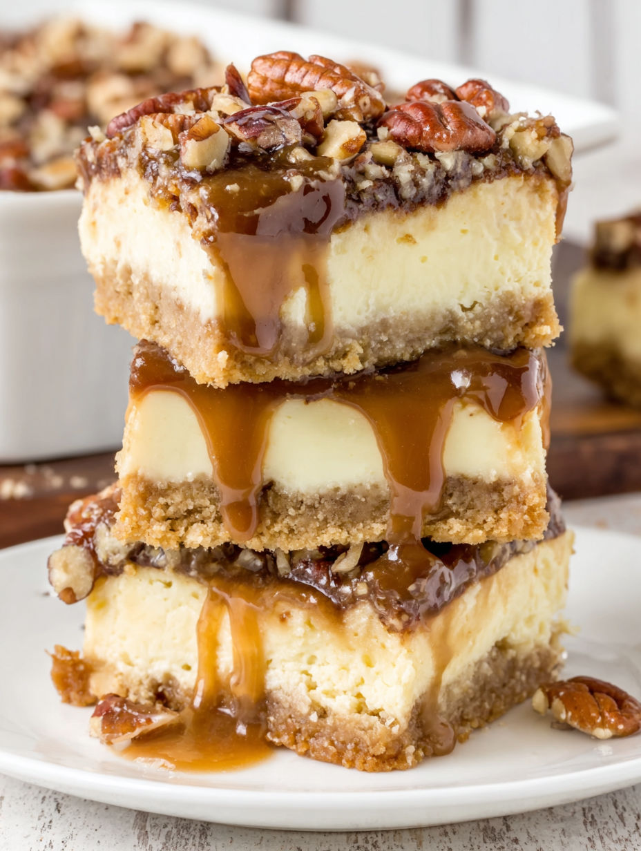 Three pieces of pecan pie cheesecake bars.