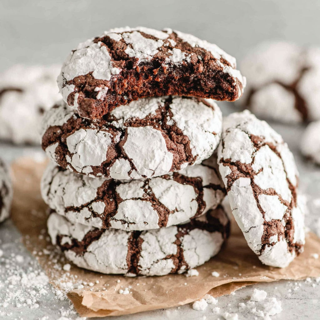 A stack of chocolate crinkle cookies.