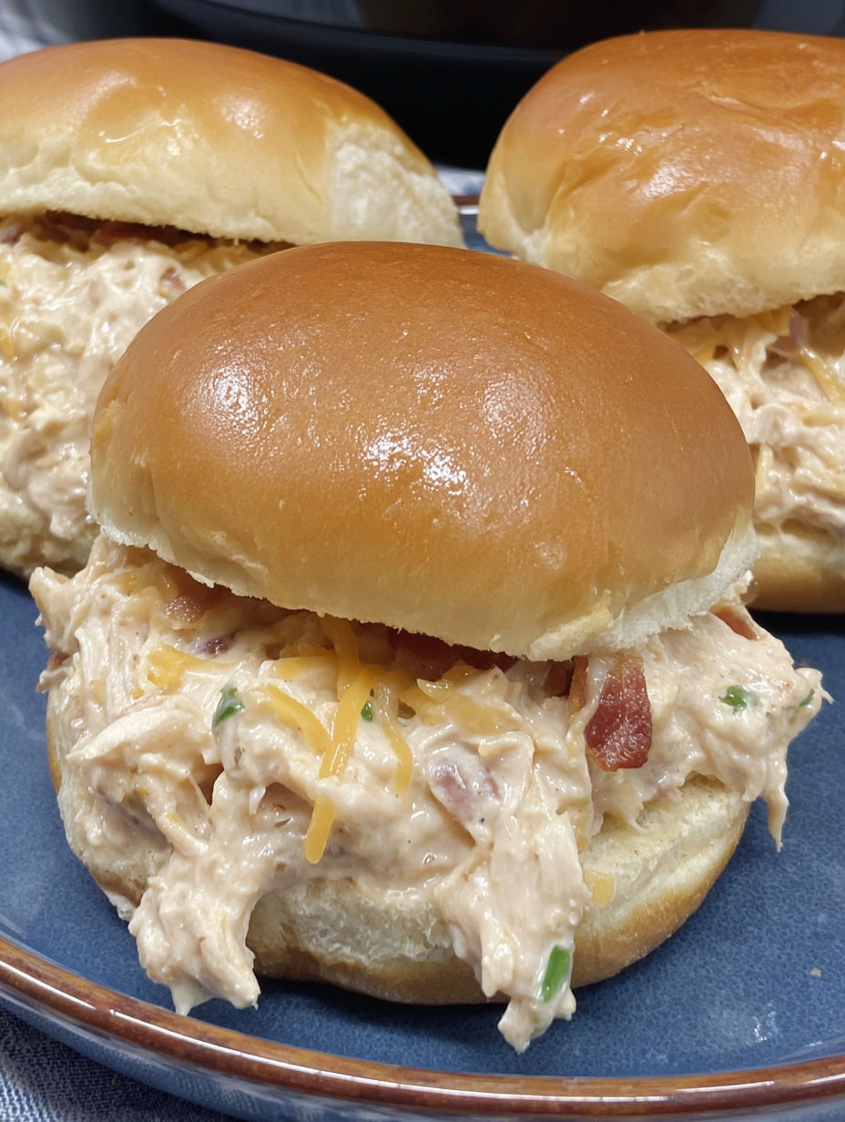 A close up of a crockpot chicken sandwich.