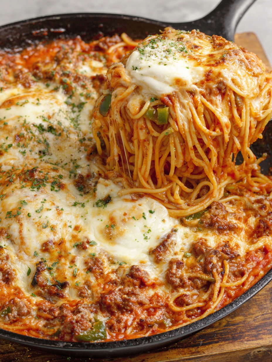 A close up of a spaghetti dish with meat and cheese.