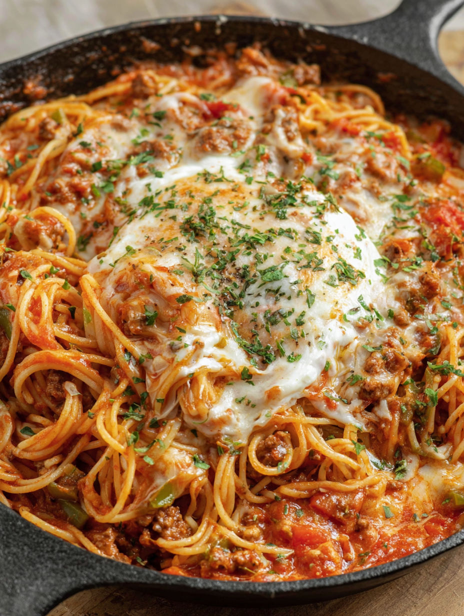 A dish of spaghetti with meat and cheese.