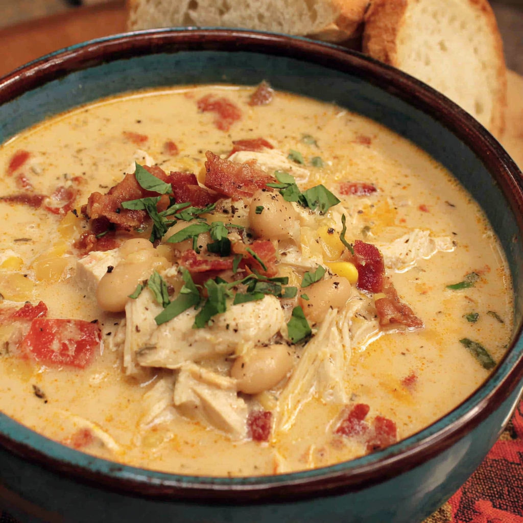 A bowl of chicken chili with cream cheese.