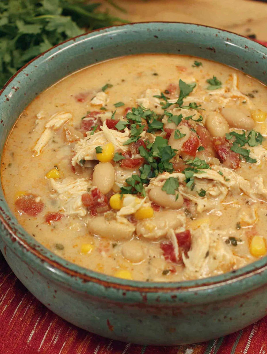 A bowl of chicken chili with beans and corn.