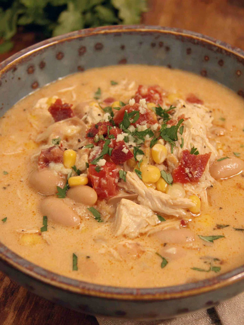 A bowl of chicken chili with cream cheese.