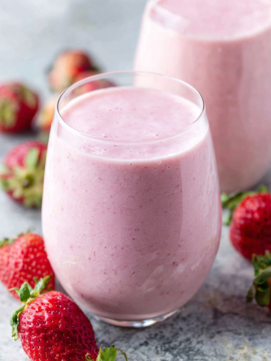 A glass of strawberry banana smoothie.