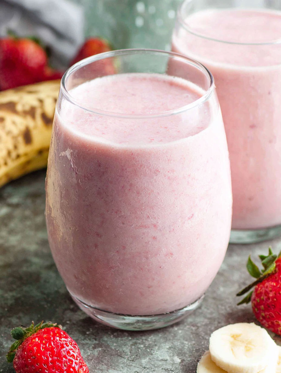 A glass of strawberry banana smoothie.