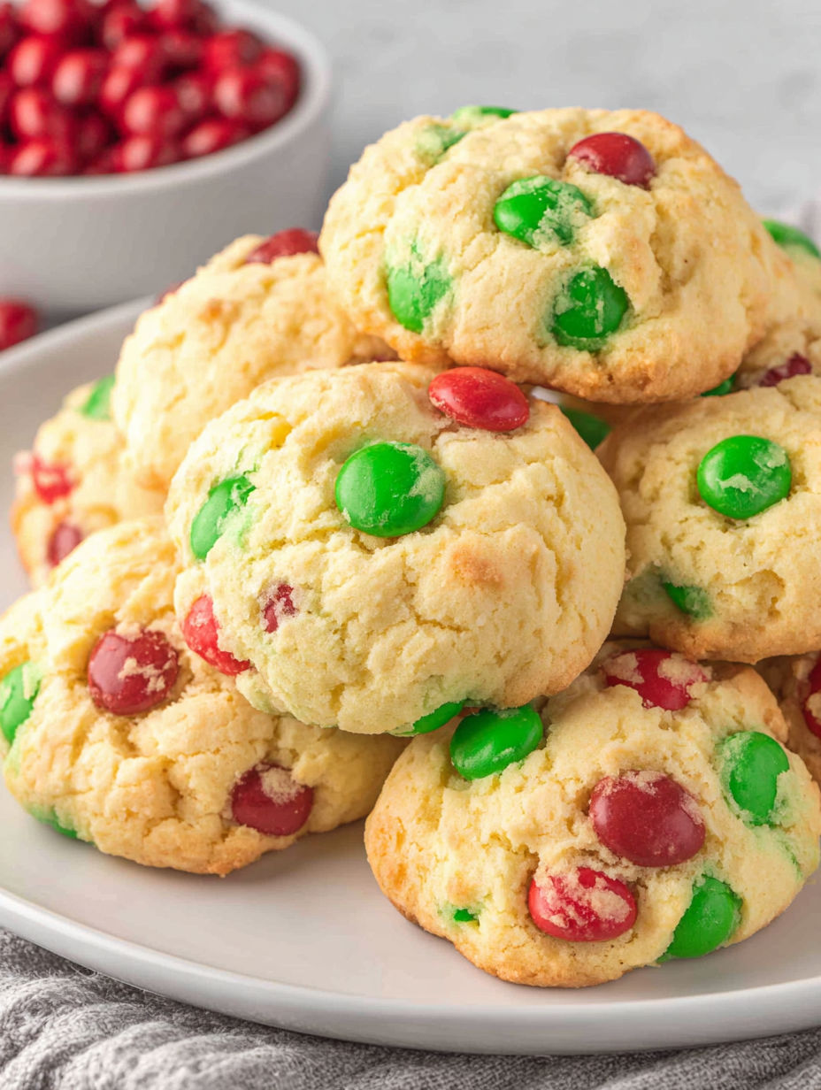 A plate of cookies with green and red candy on top.