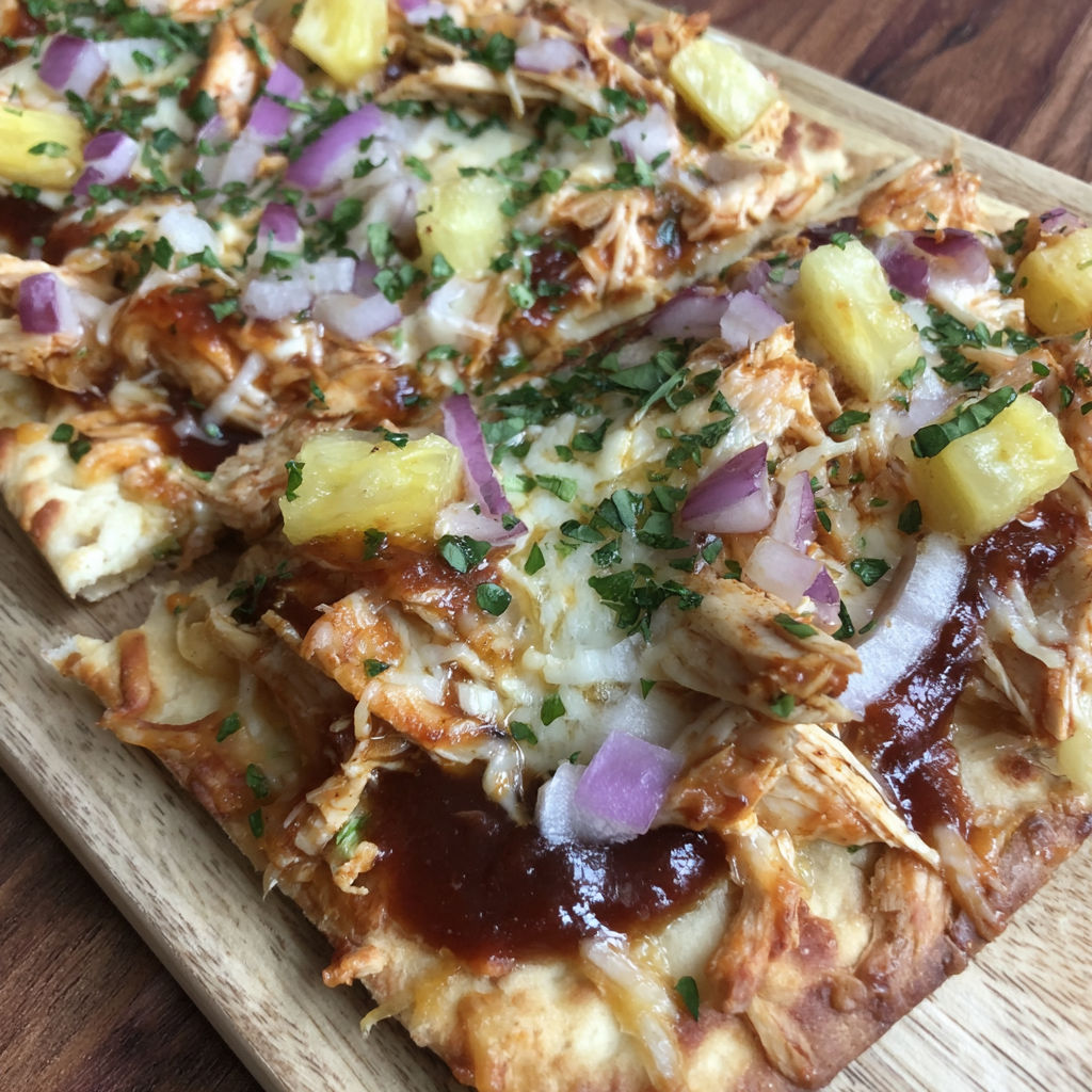 A flatbread pizza with chicken, pineapple, and onions.