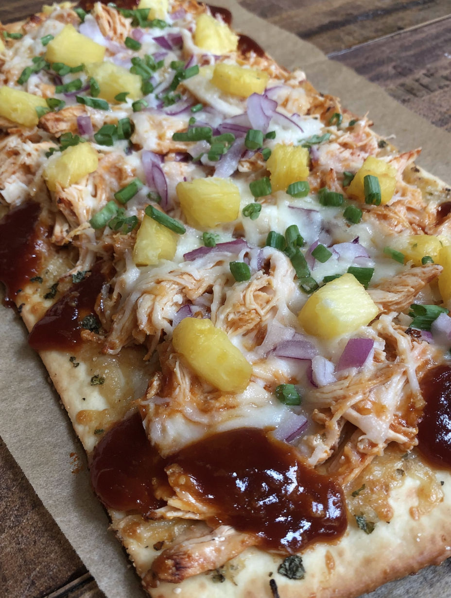 A slice of Hawaiian BBQ chicken flatbread pizza.