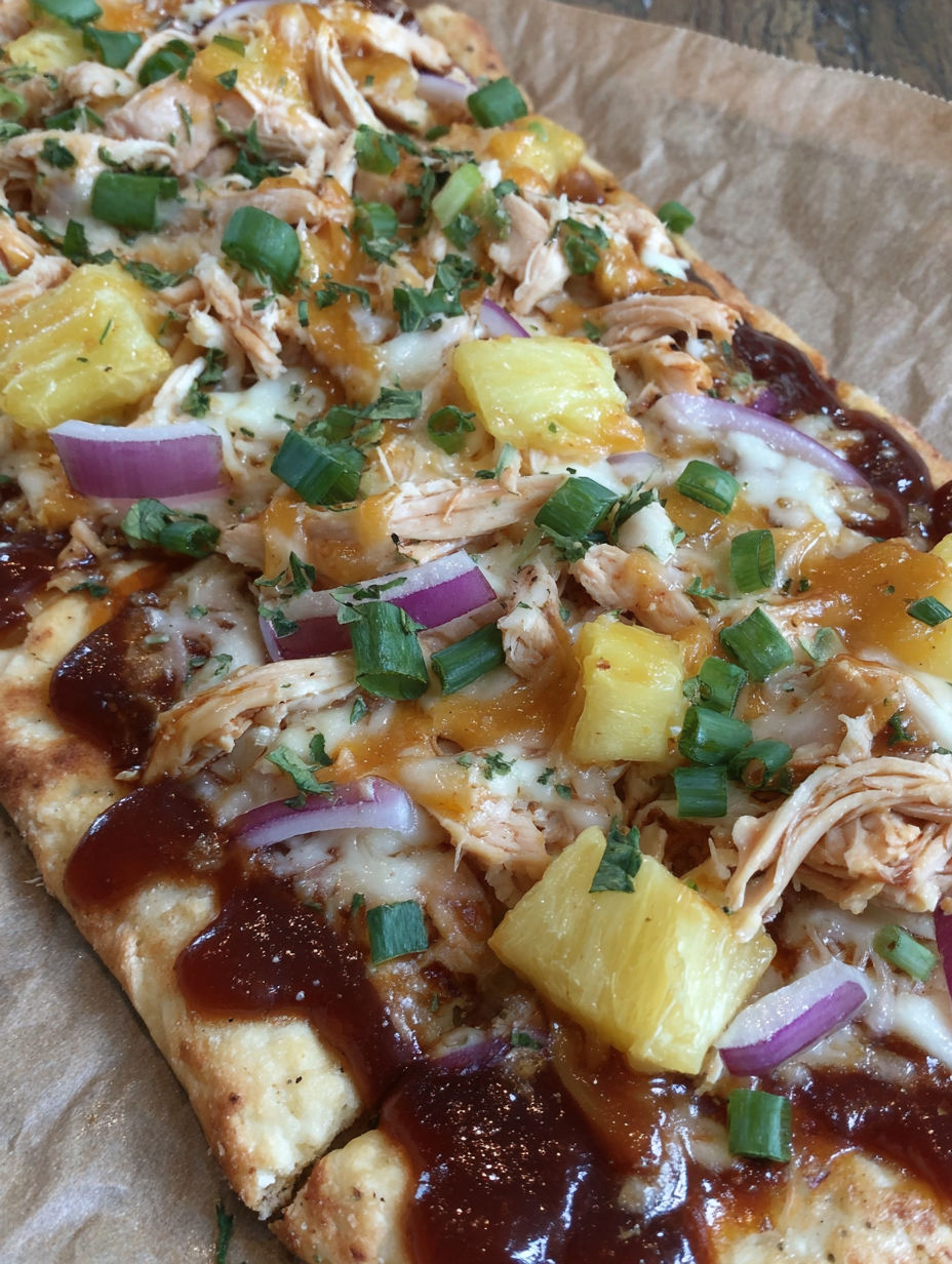 A flatbread pizza with chicken and pineapple toppings.