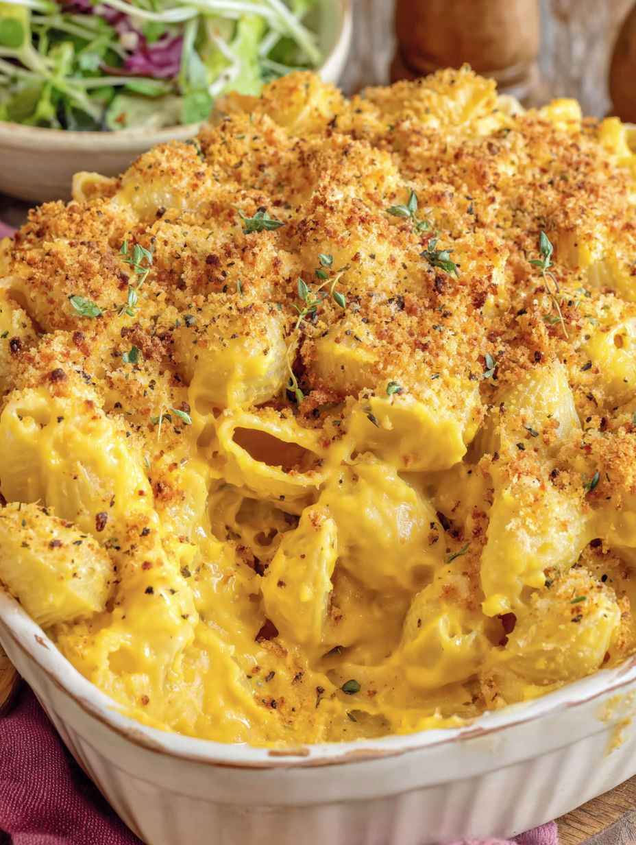 A bowl of mac and cheese with a side of salad.