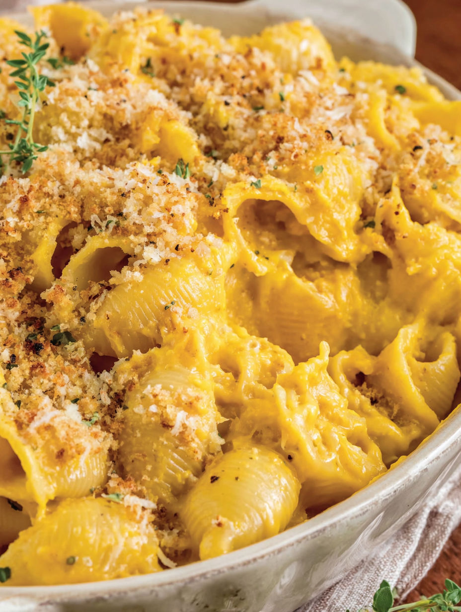 A bowl of mac and cheese with a yellow sauce.