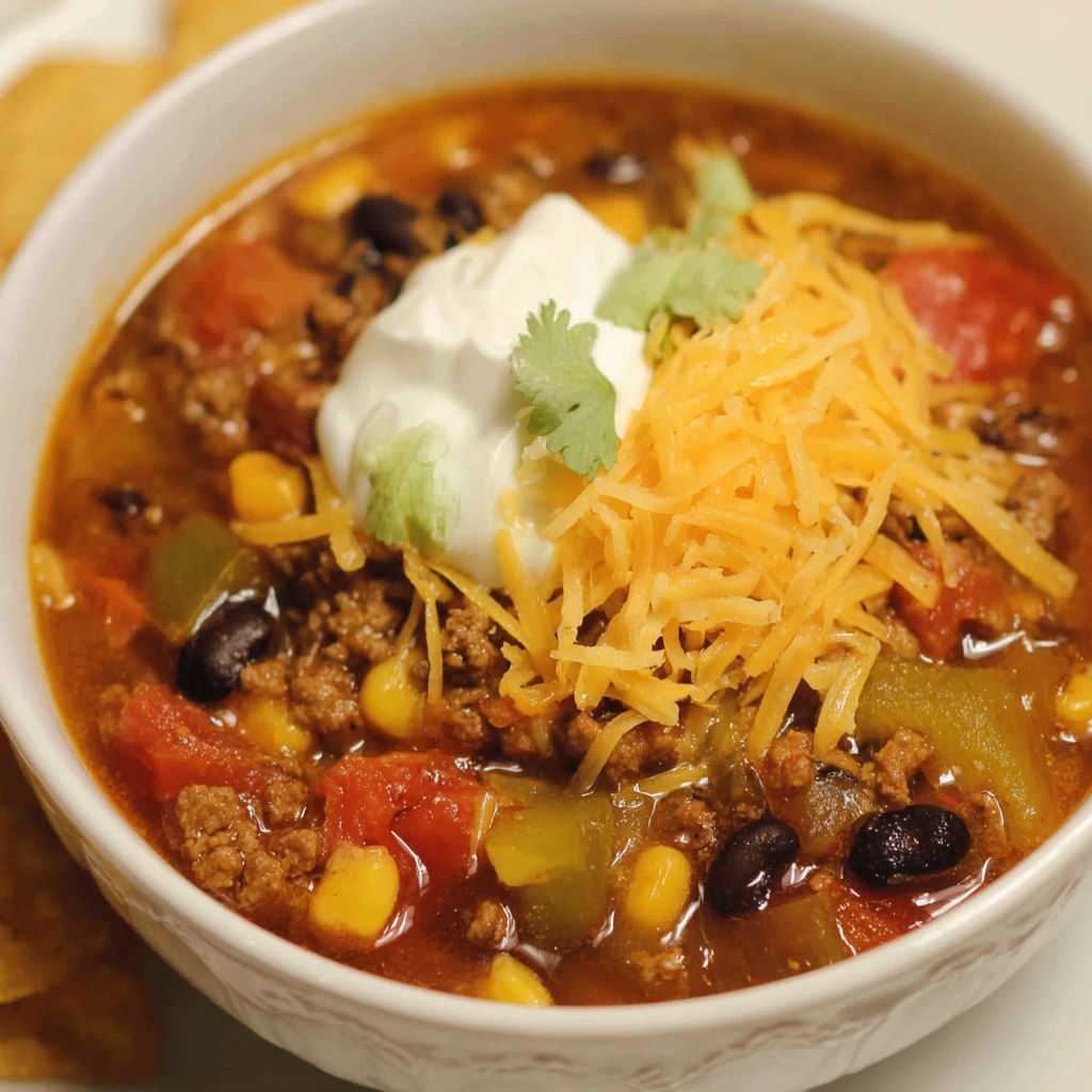 A bowl of soup with a dollop of sour cream on top.