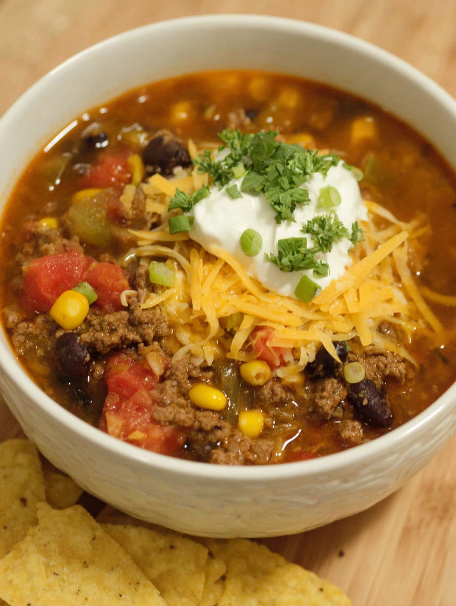 A bowl of soup with a white dollop of sour cream on top.