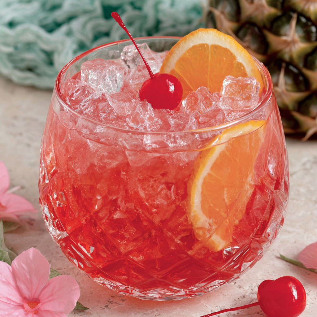 A glass of pink drink with a cherry on top.